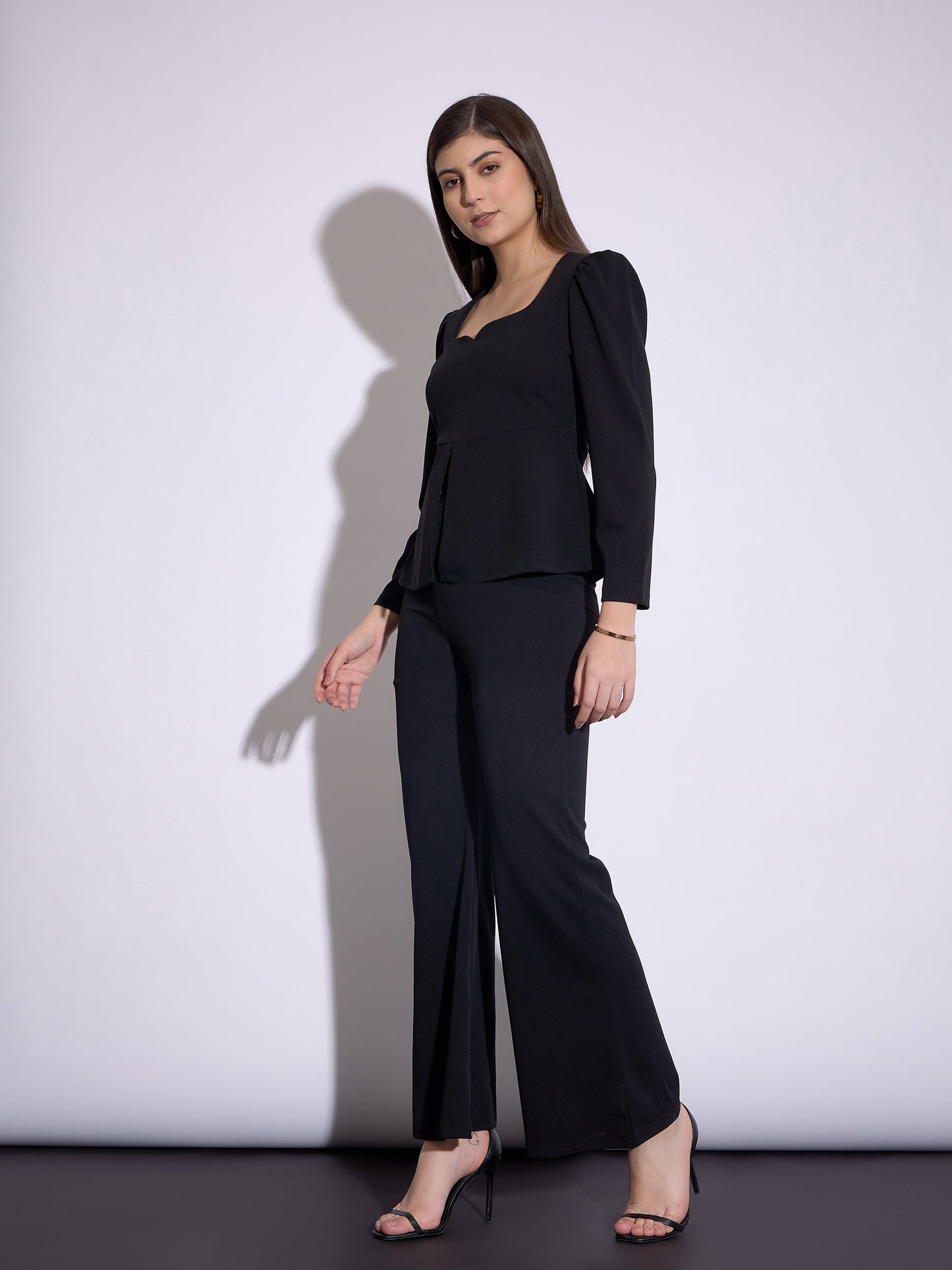 Women Black Peplum Top With Bell Bottom Pants