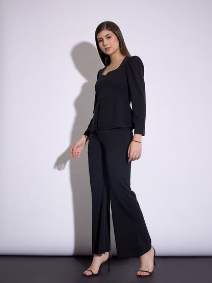 Women Black Peplum Top With Bell Bottom Pants