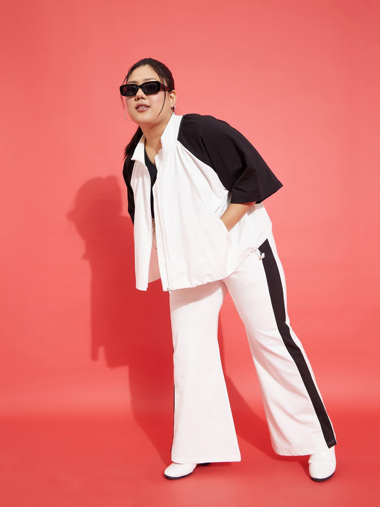 White & Black Terry Zipper Jacket With Track Pants