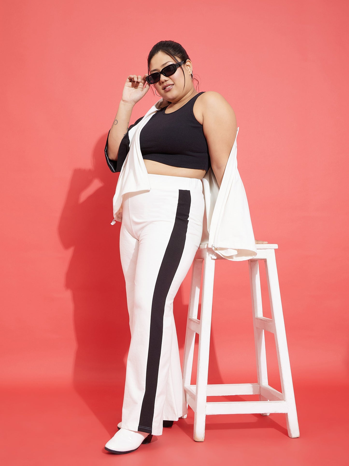 White & Black Terry Zipper Jacket With Track Pants