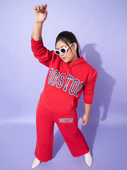 Red Fleece BOSTON Hoodie With Track Pants