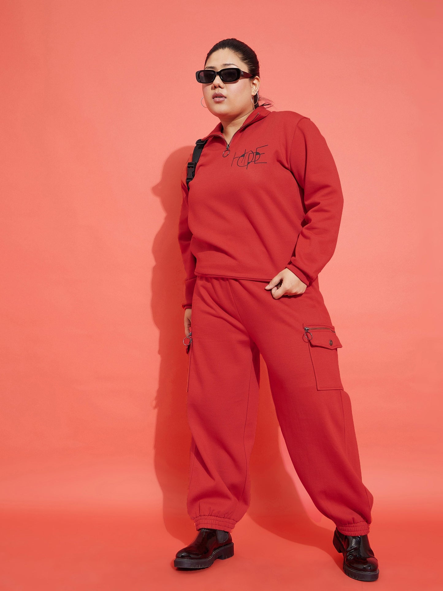 Red Fleece HOPE Zipper Sweatshirt With Joggers