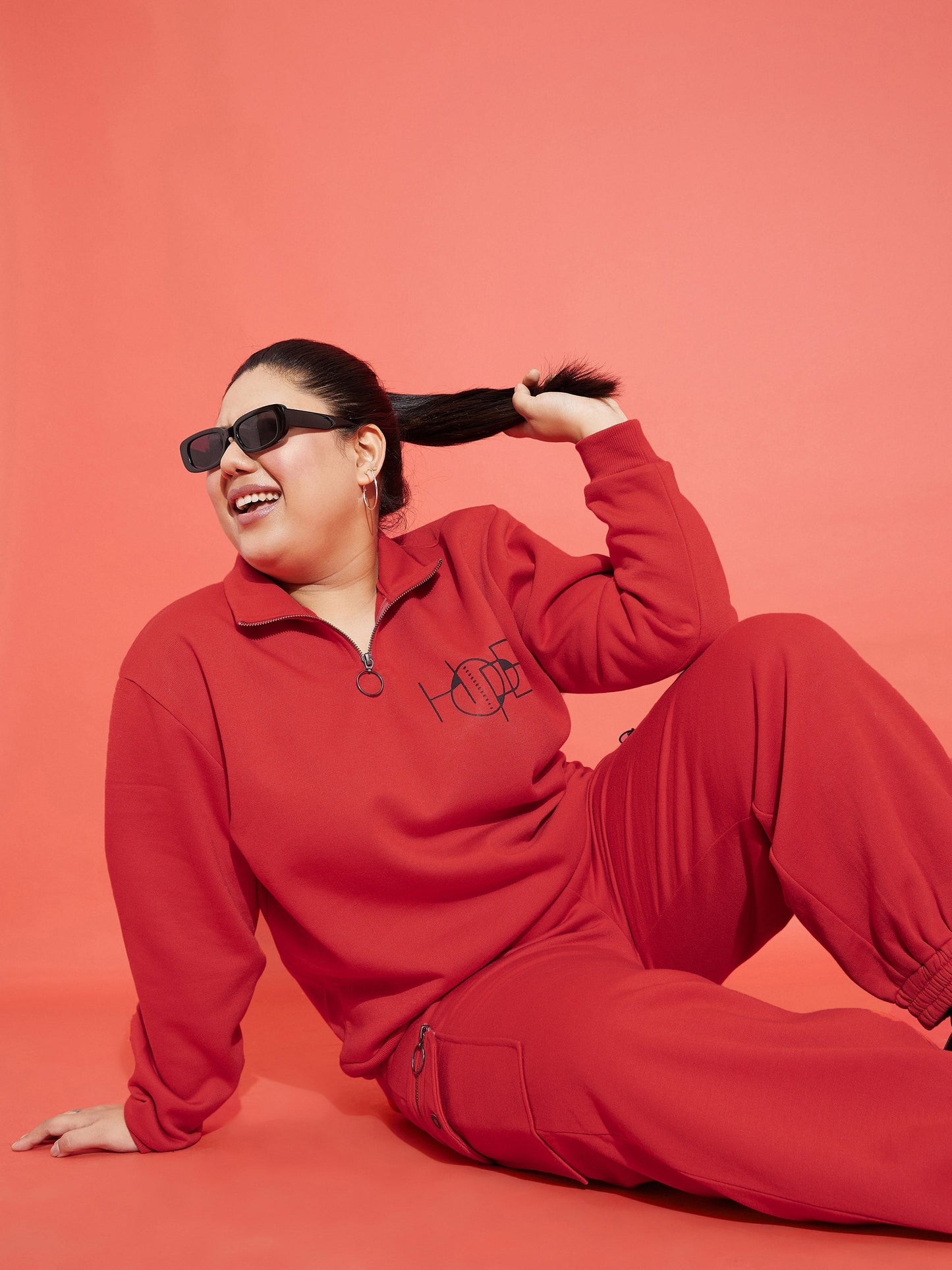 Red Fleece HOPE Zipper Sweatshirt With Joggers