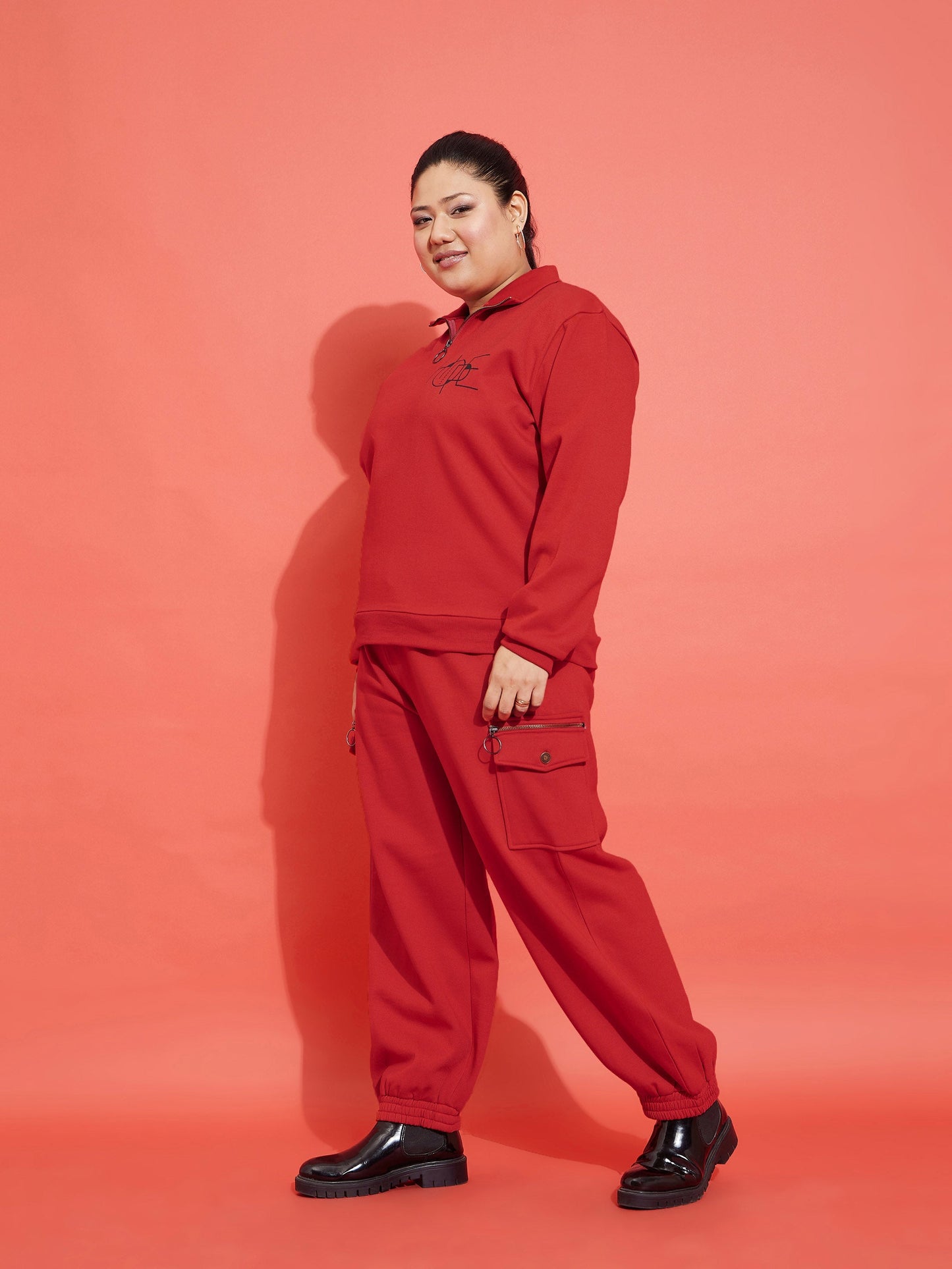 Red Fleece HOPE Zipper Sweatshirt With Joggers