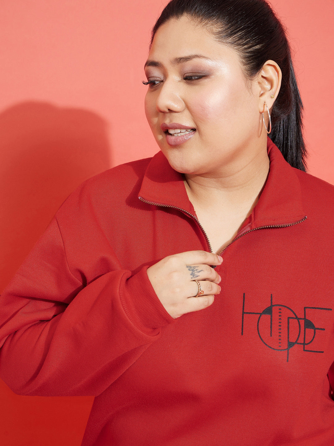 Red Fleece HOPE Zipper Sweatshirt With Joggers