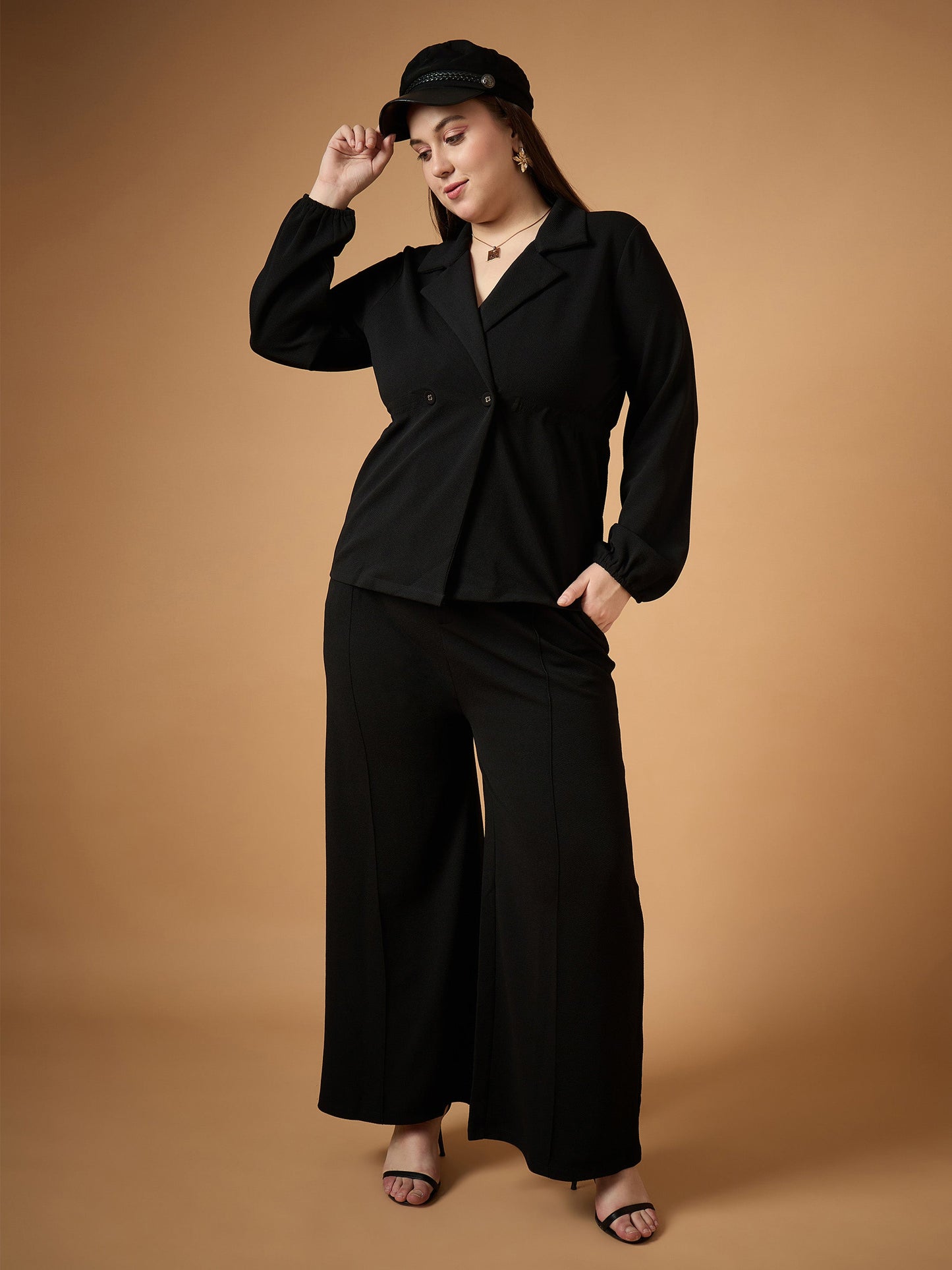 Plus size women's Black Karera Crepe Black Collar Neck Top With Straight Pants by Sassafras Curve for wholesale buyers, boutiques, resellers and bulk