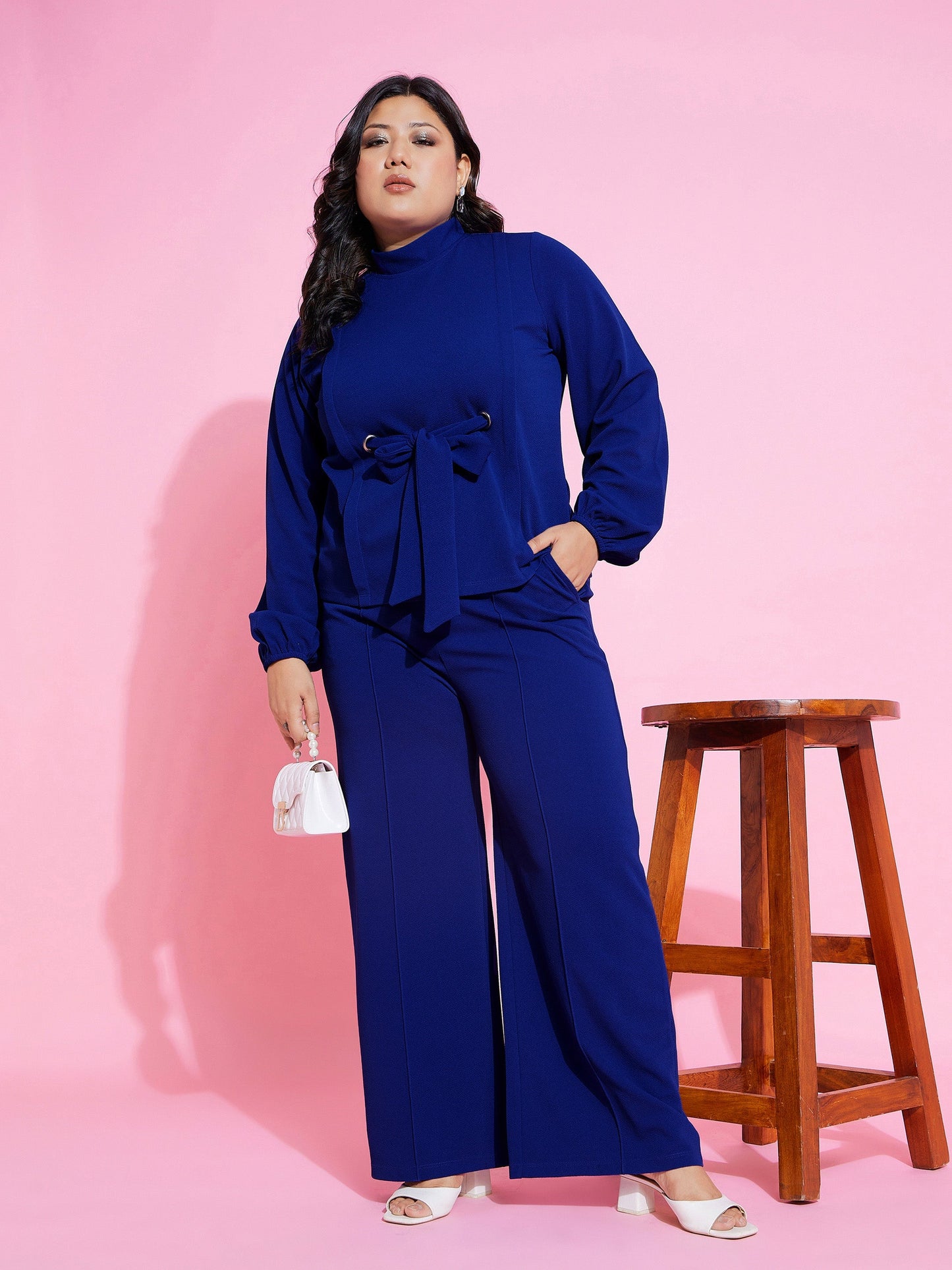 Plus size women's Blue Karera Crepe Royal Blue Knot Top With Straight Pants by Sassafras Curve for wholesale buyers, boutiques, resellers and bulk
