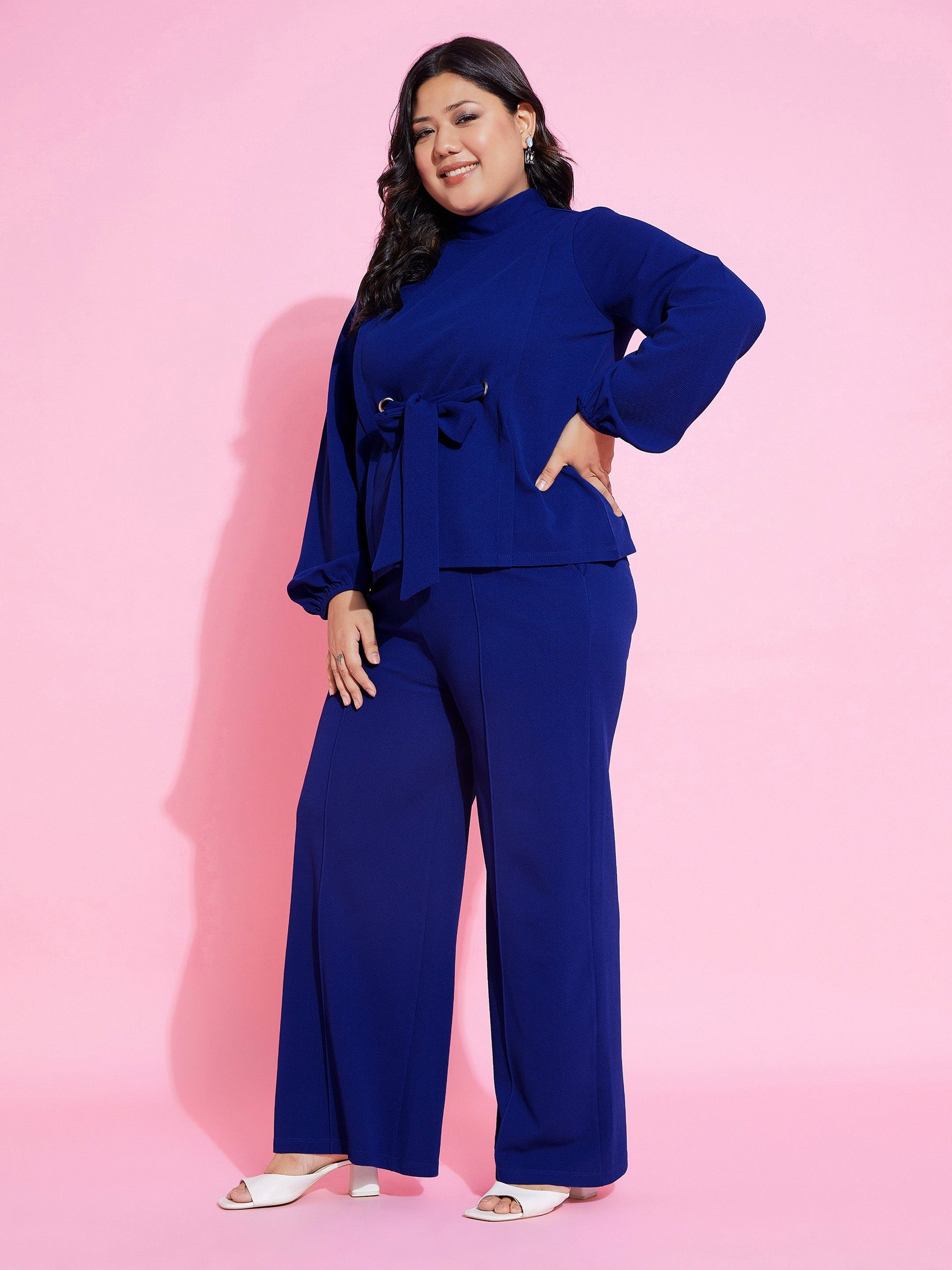 Royal Blue Knot Top With Straight Pants-SASSAFRAS Curve