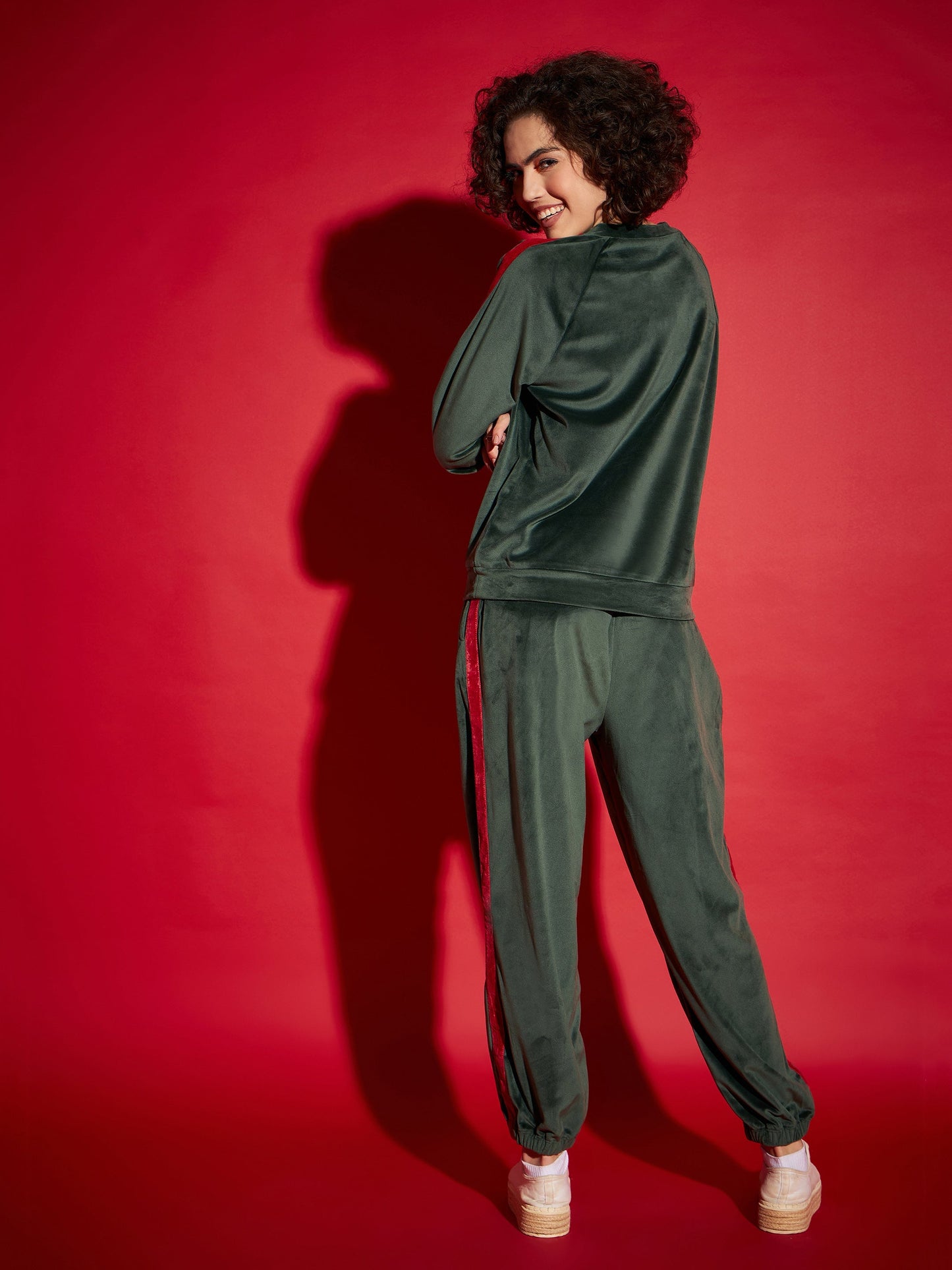 Women Emerald Velour Tape Detail Sweatshirt With Joggers