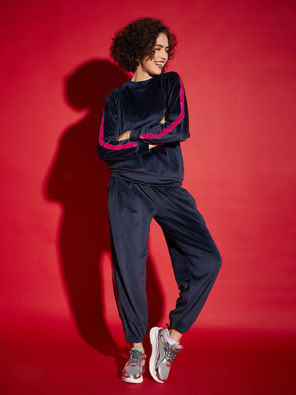 Navy Velour Tape Detail Sweatshirt With Joggers