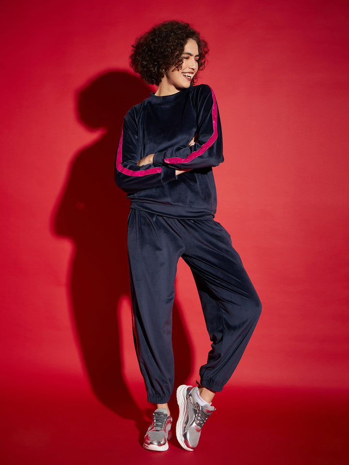 Navy Velour Tape Detail Sweatshirt With Joggers