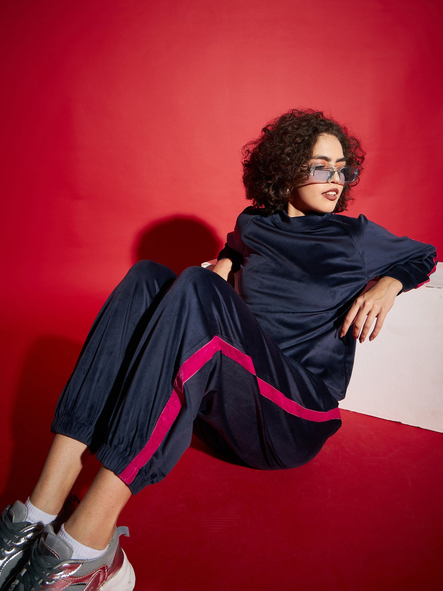 Navy Velour Tape Detail Sweatshirt With Joggers