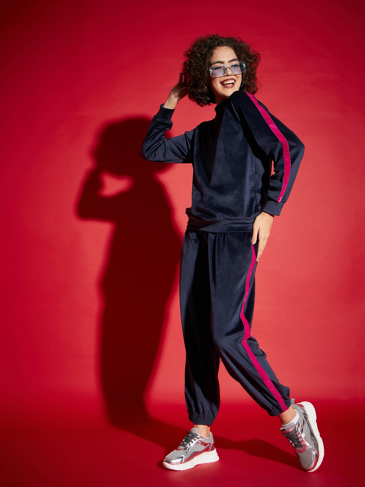 Navy Velour Tape Detail Sweatshirt With Joggers