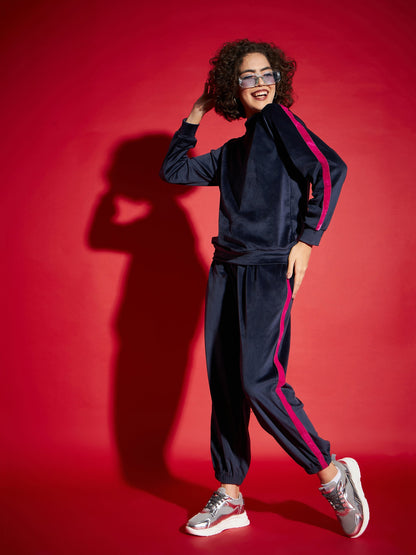 Navy Velour Tape Detail Sweatshirt With Joggers