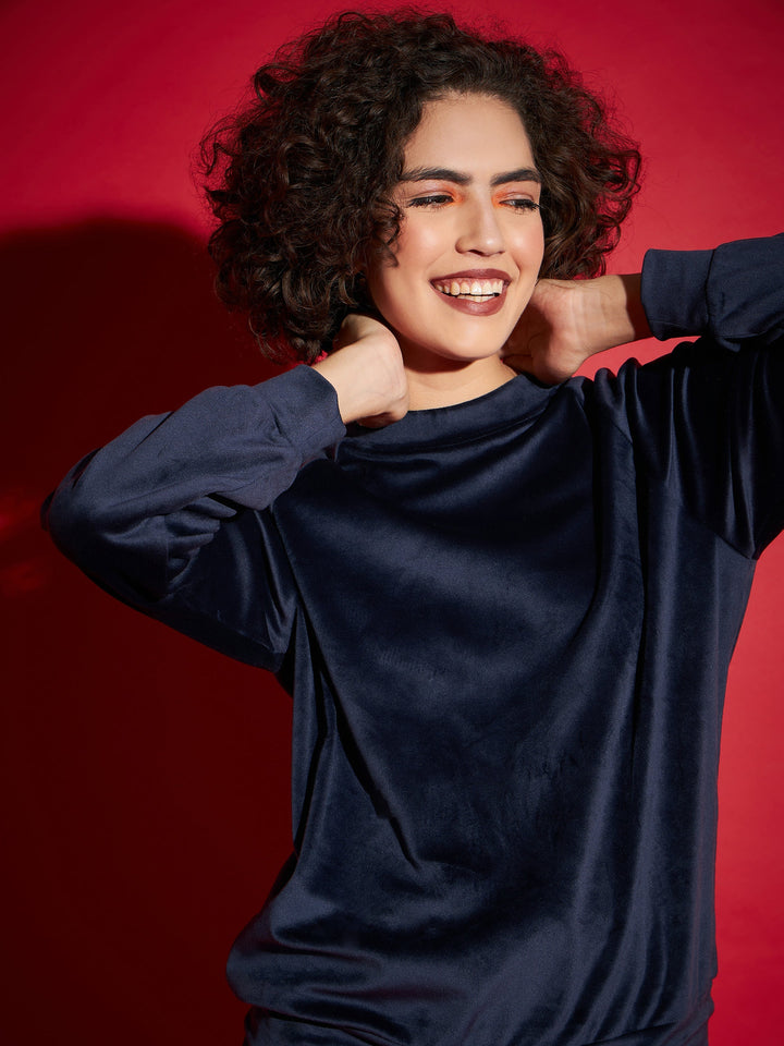 Navy Velour Tape Detail Sweatshirt With Joggers