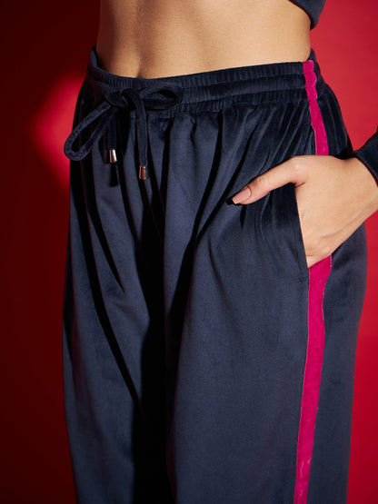 Navy Velour Tape Detail Sweatshirt With Joggers