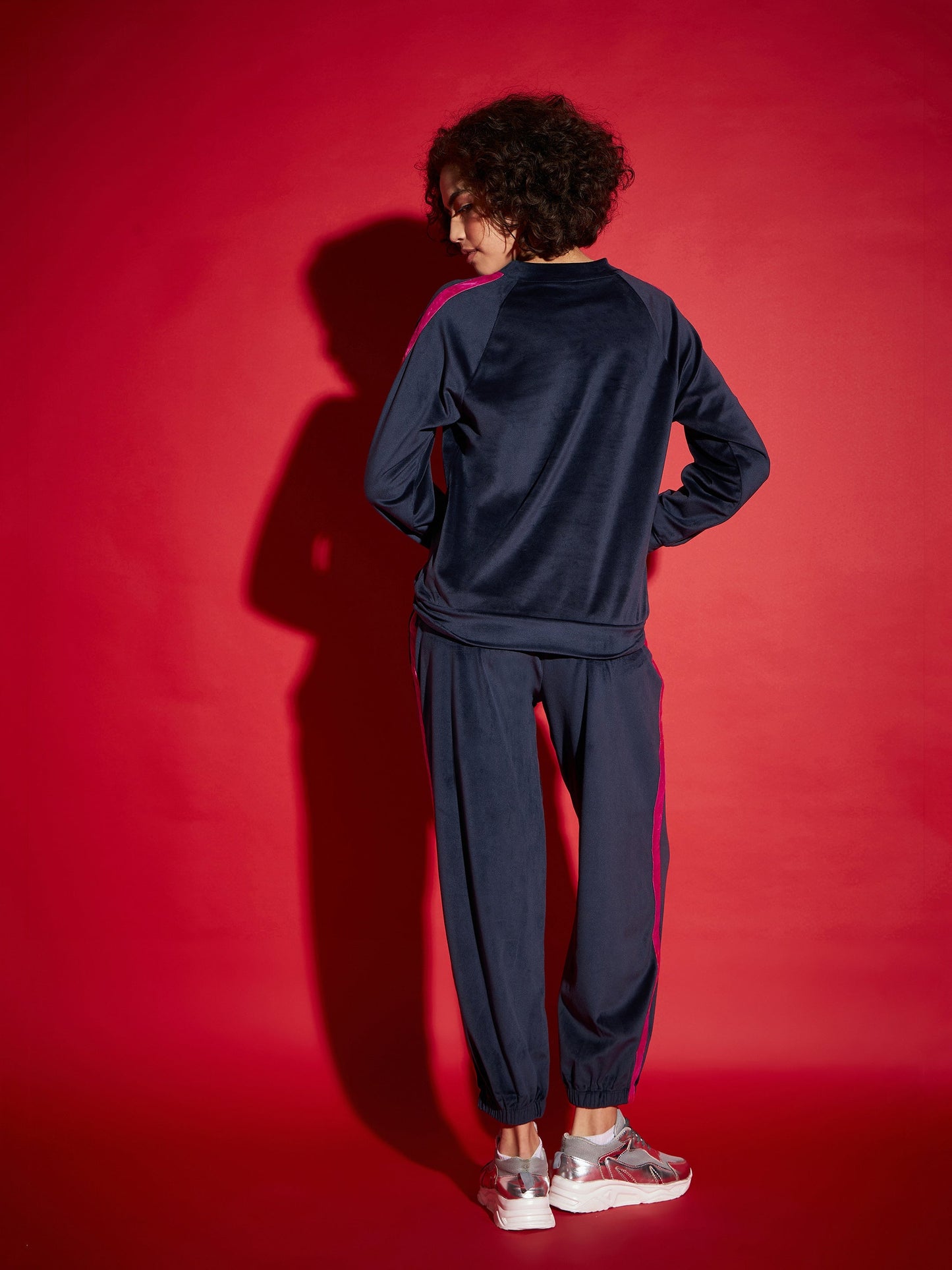 Navy Velour Tape Detail Sweatshirt With Joggers