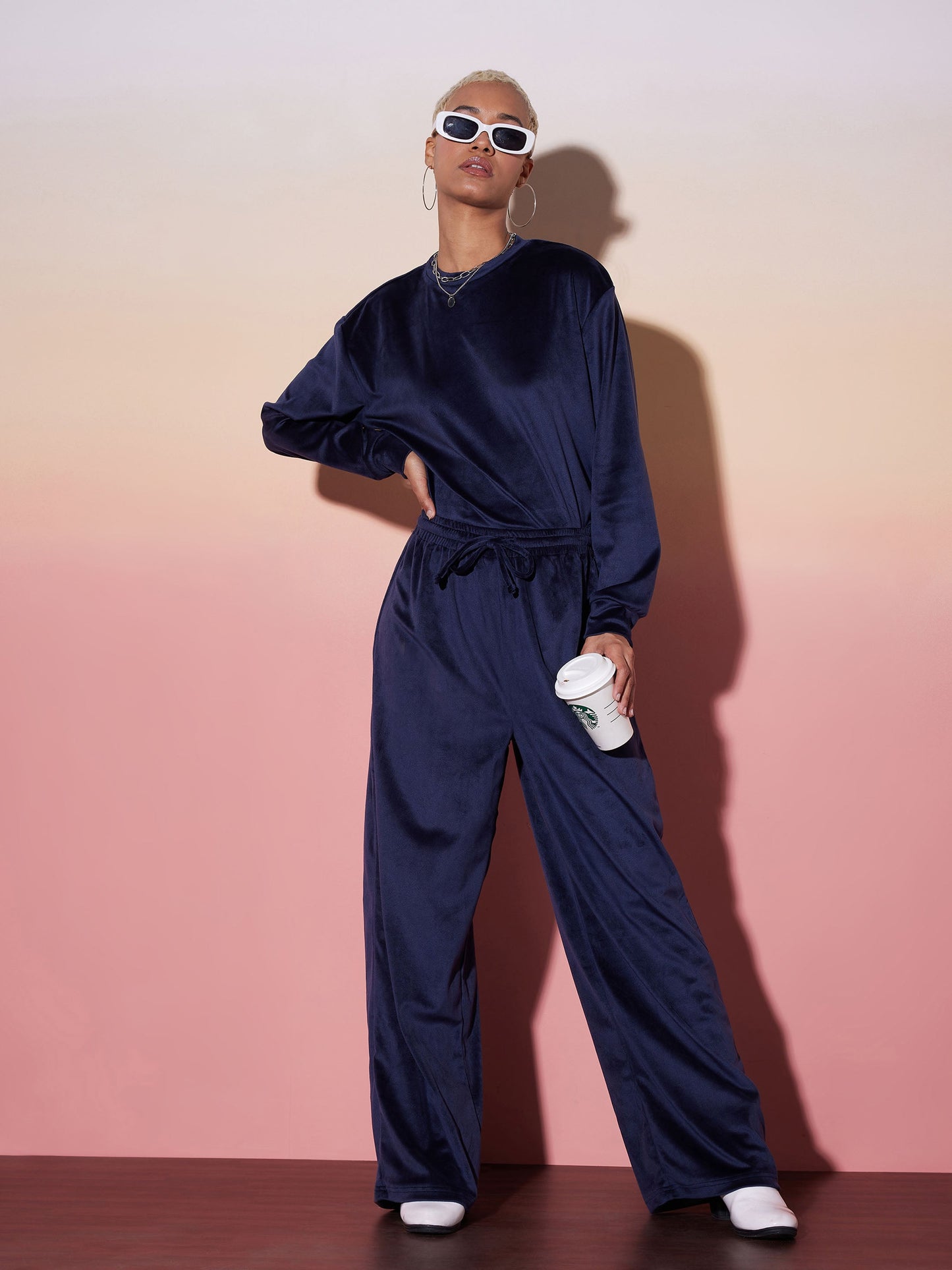 Navy Velour Sweatshirt With Track Pants
