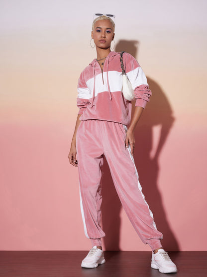 Pink & White Velour Hoodie With Jogger
