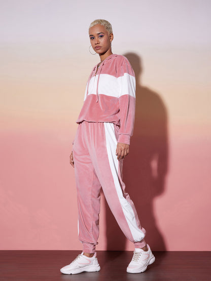 Pink & White Velour Hoodie With Jogger