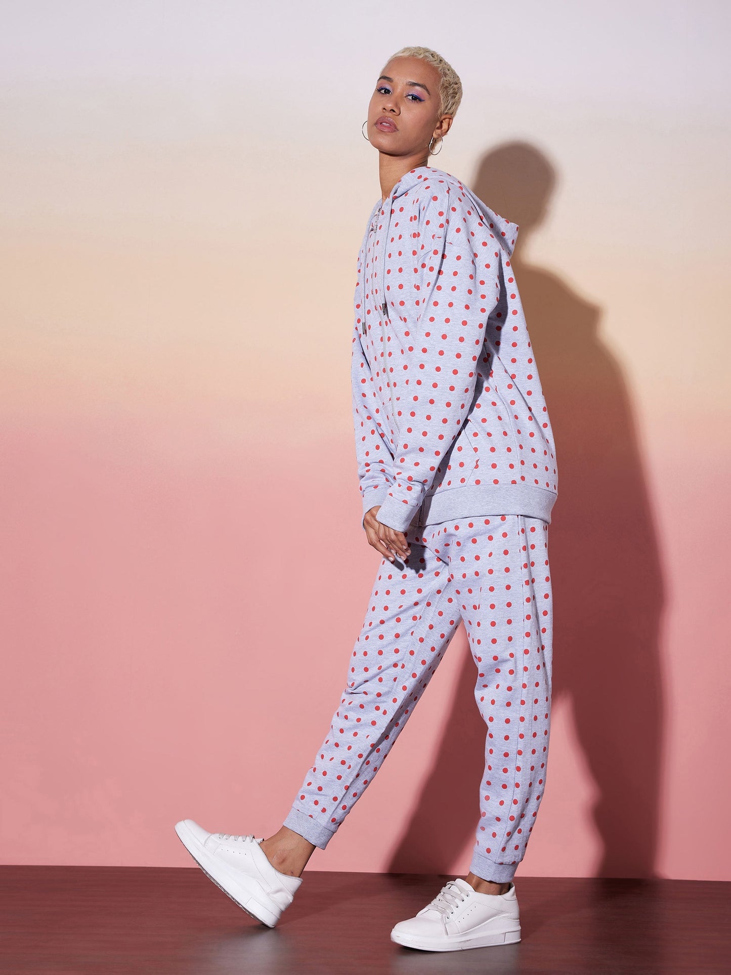 Grey & Red Polka Hoodie With Jogger