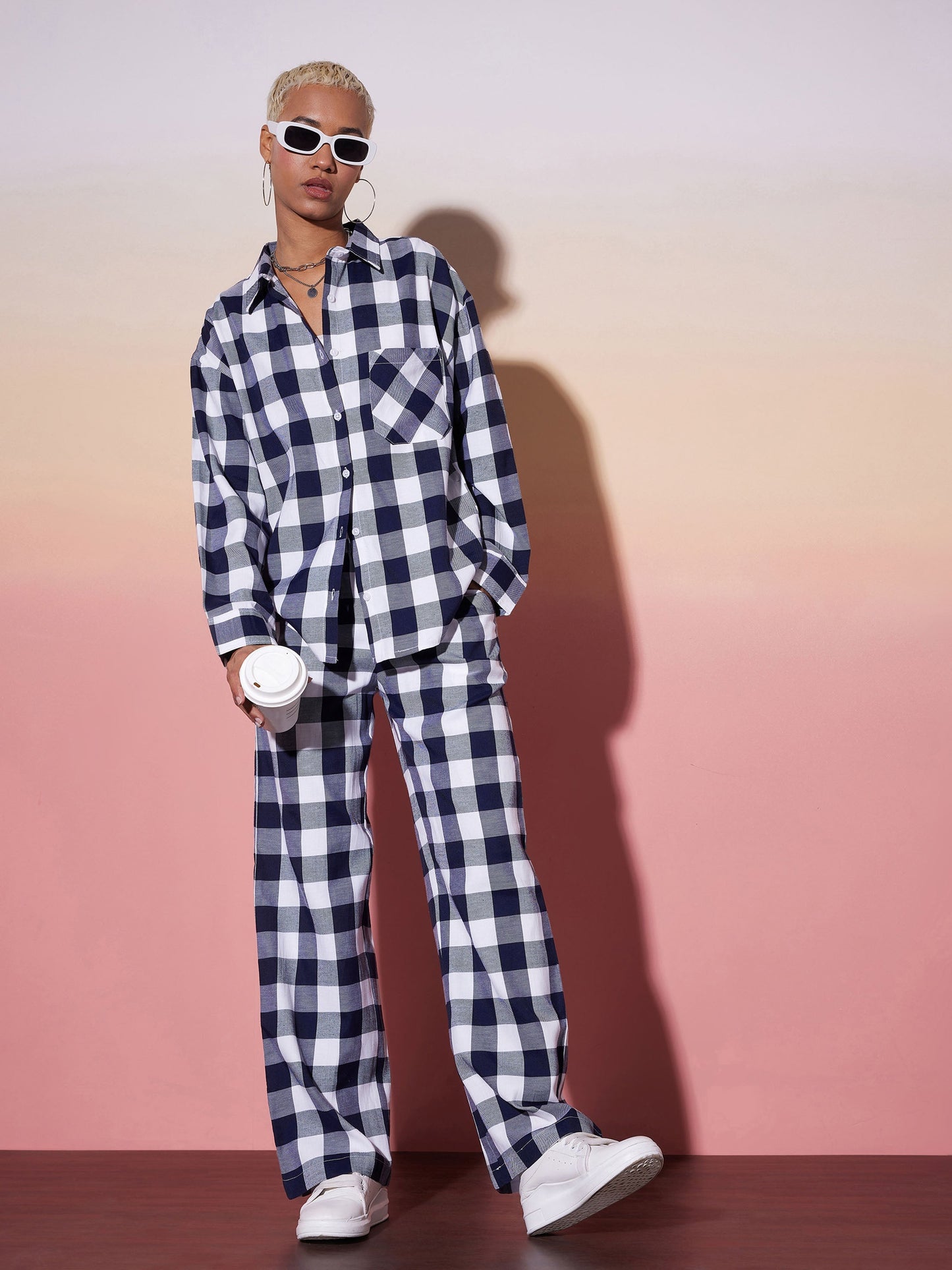White & Navy Check Shirt With Lounge Pants