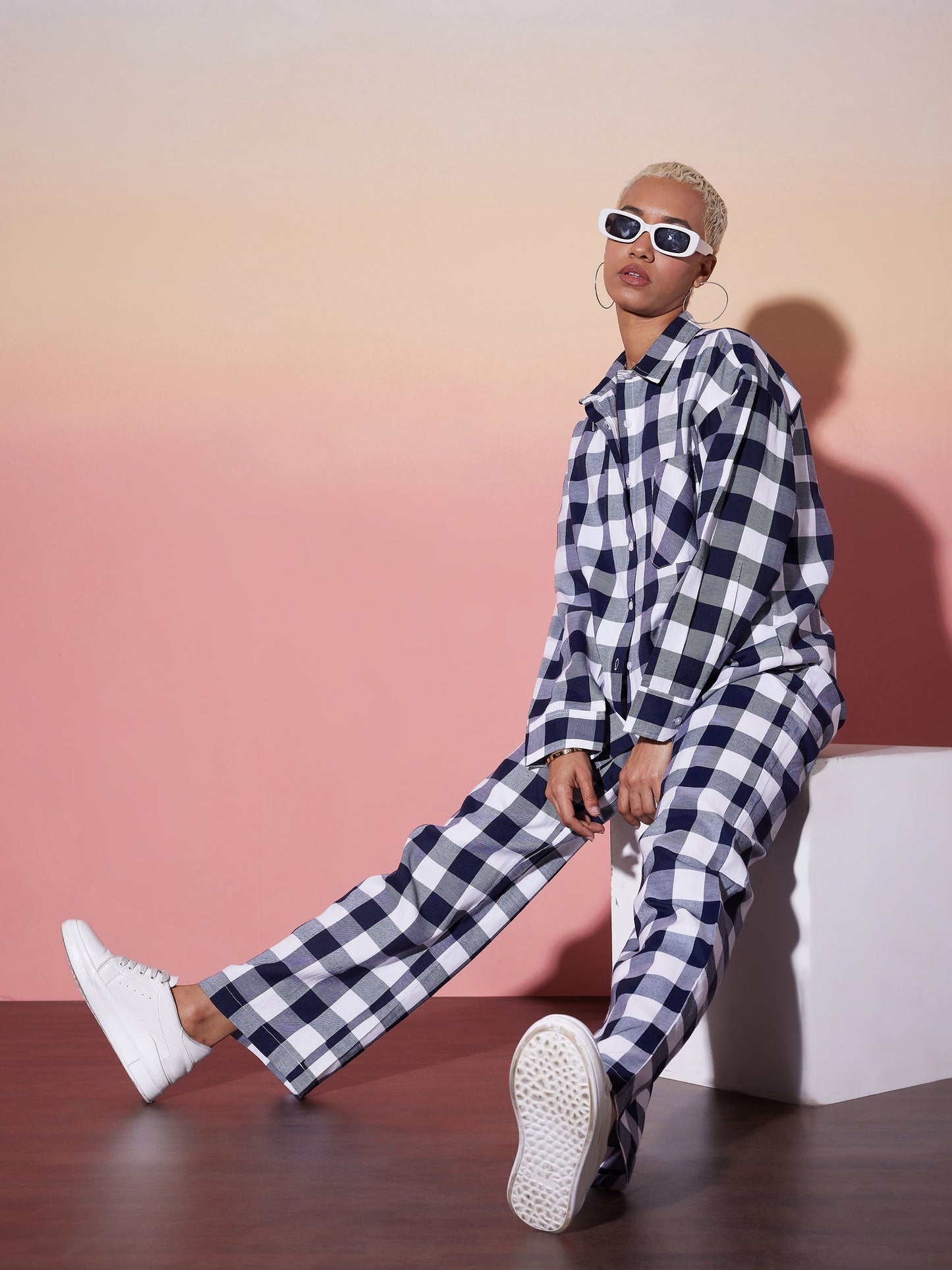White & Navy Check Shirt With Lounge Pants