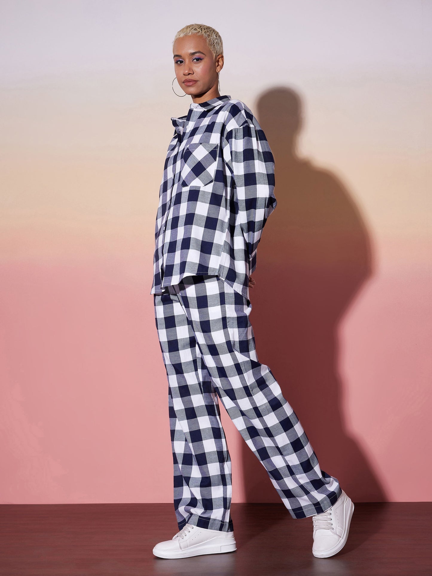 White & Navy Check Shirt With Lounge Pants