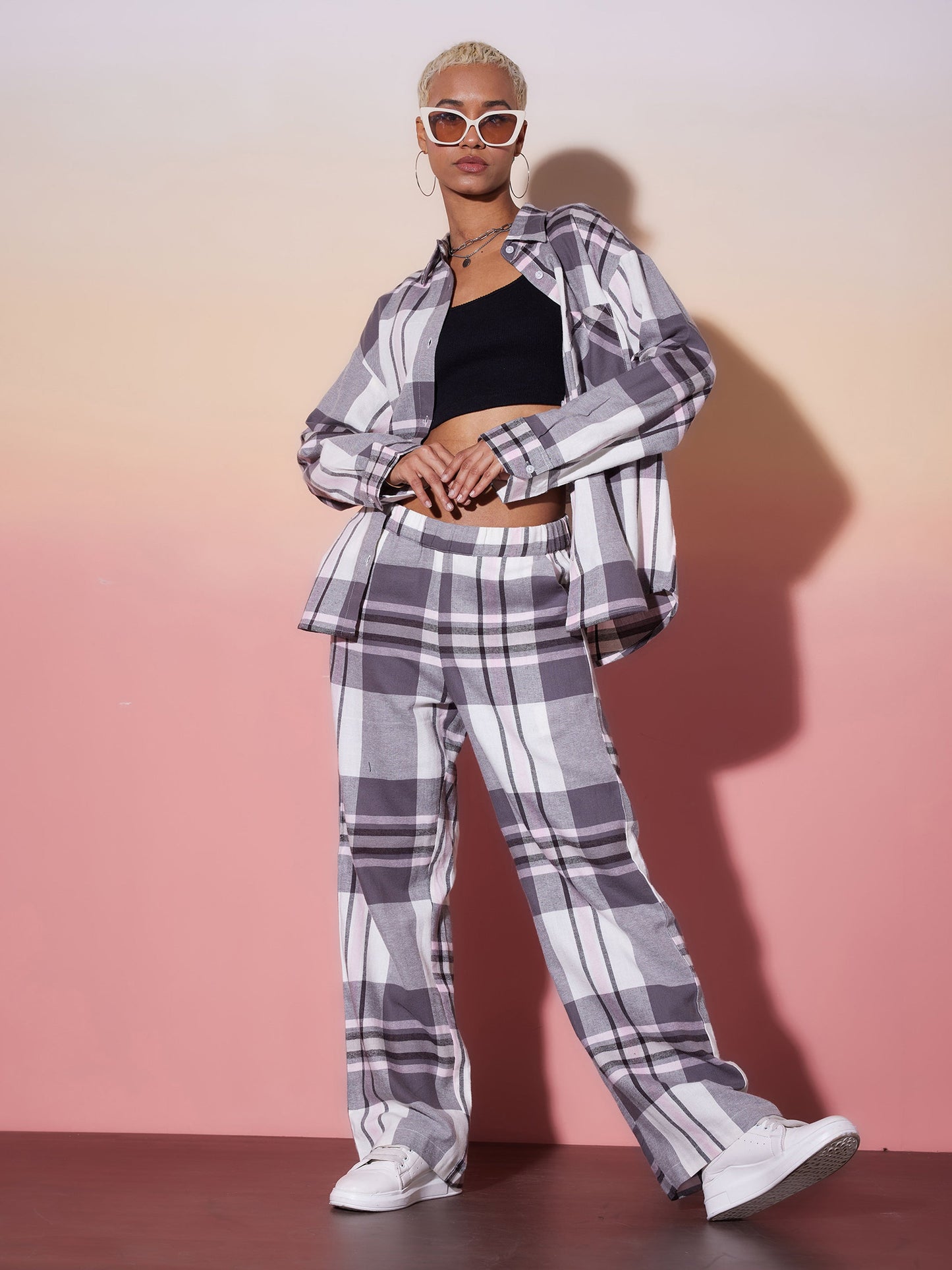 White & Grey Check Shirt With Lounge Pants