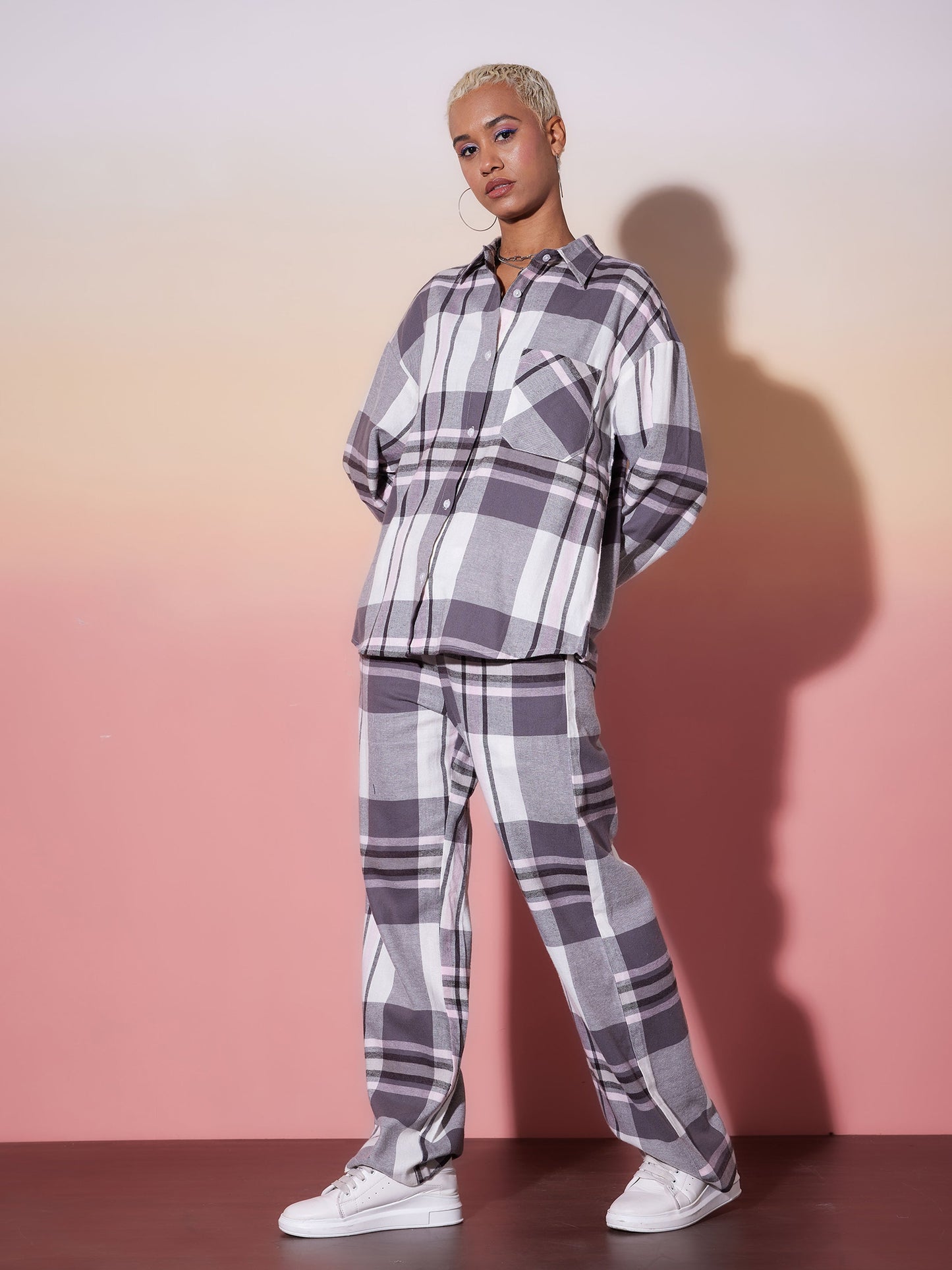 White & Grey Check Shirt With Lounge Pants