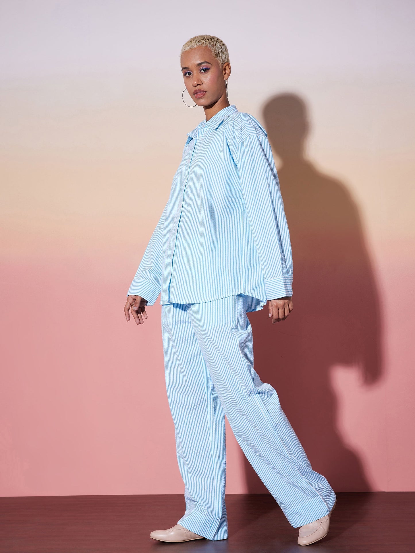 White & Blue Striped Shirt With Lounge Pants