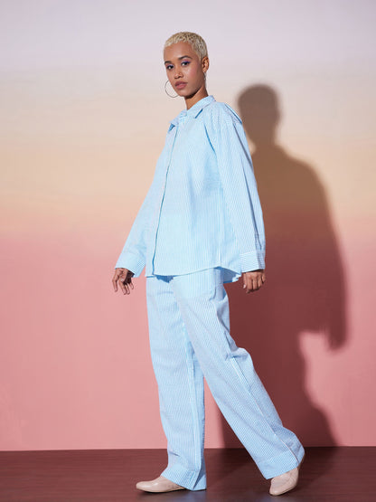 White & Blue Striped Shirt With Lounge Pants
