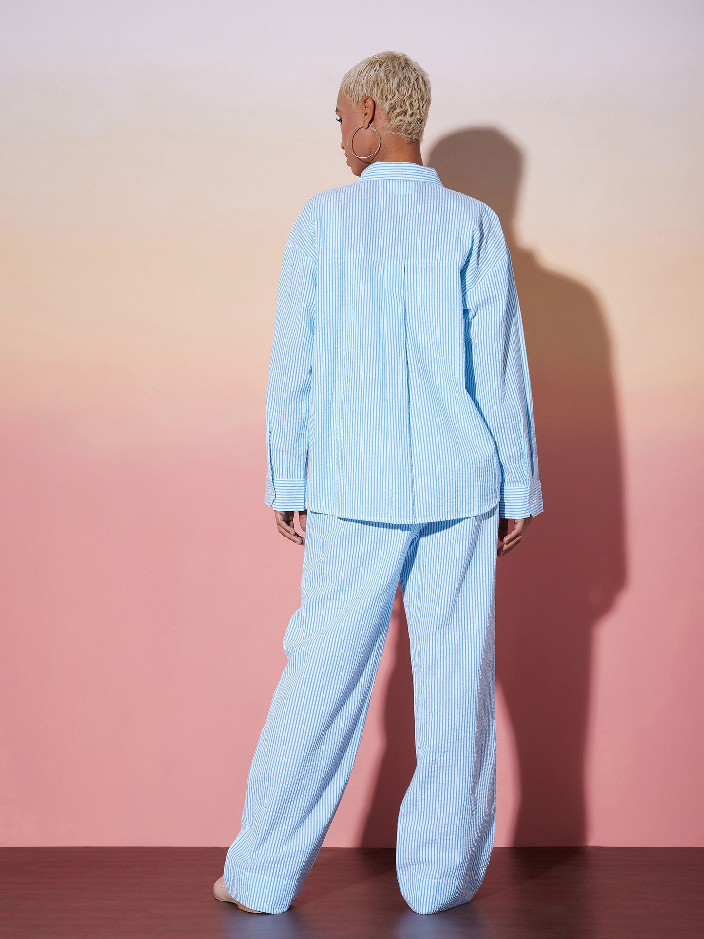White & Blue Striped Shirt With Lounge Pants