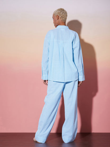 White & Blue Striped Shirt With Lounge Pants