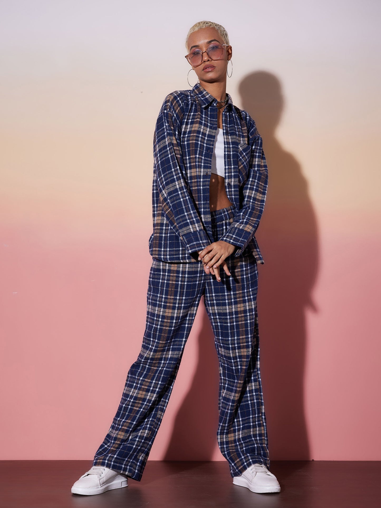 Navy & White Check Shirt With Lounge Pants
