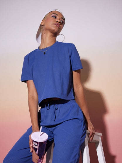 Blue Rib Crop Top With Straight Pants