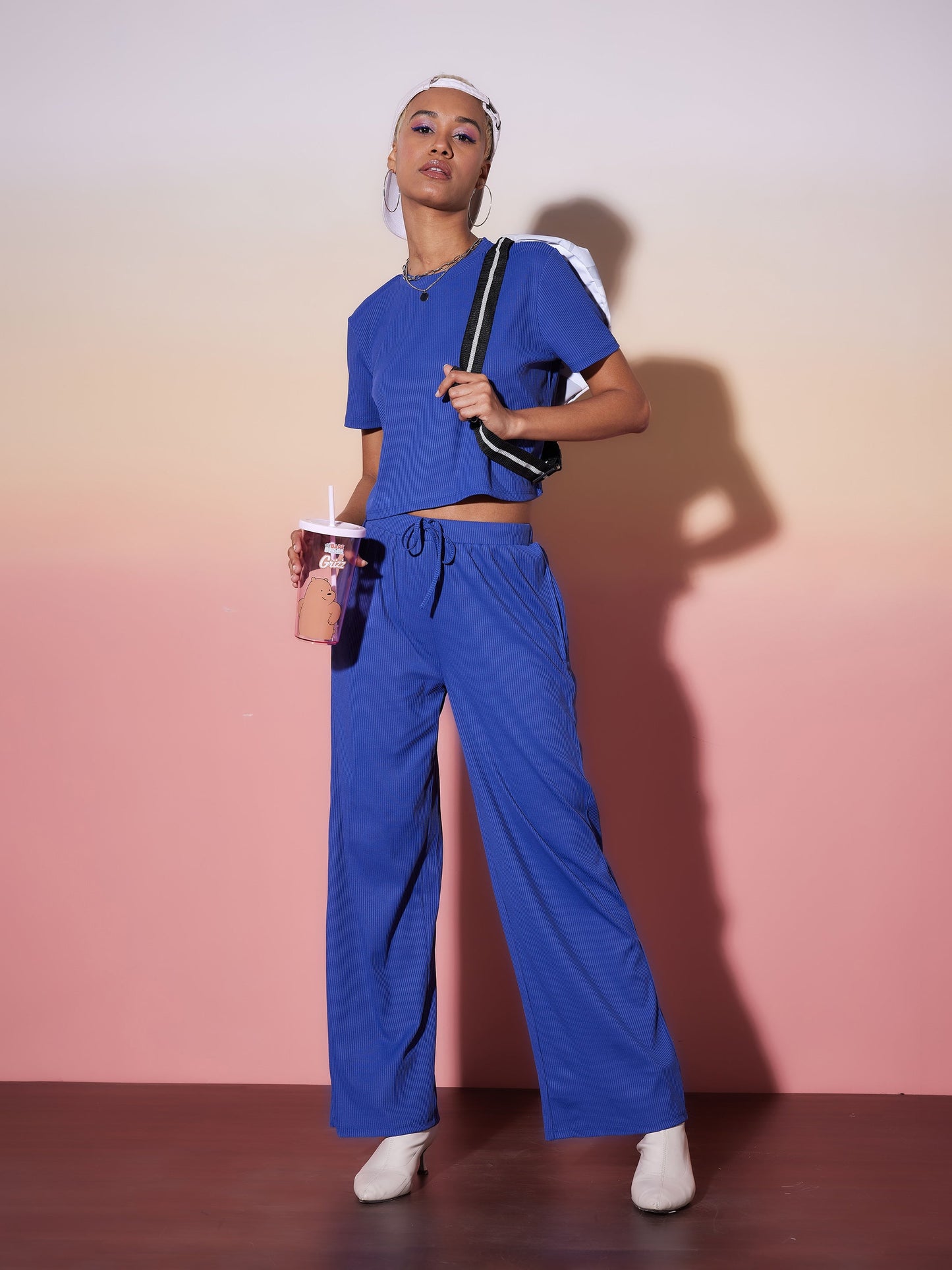 Blue Rib Crop Top With Straight Pants