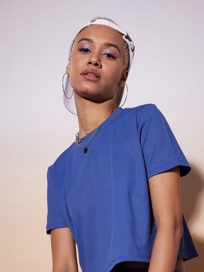 Blue Rib Crop Top With Straight Pants