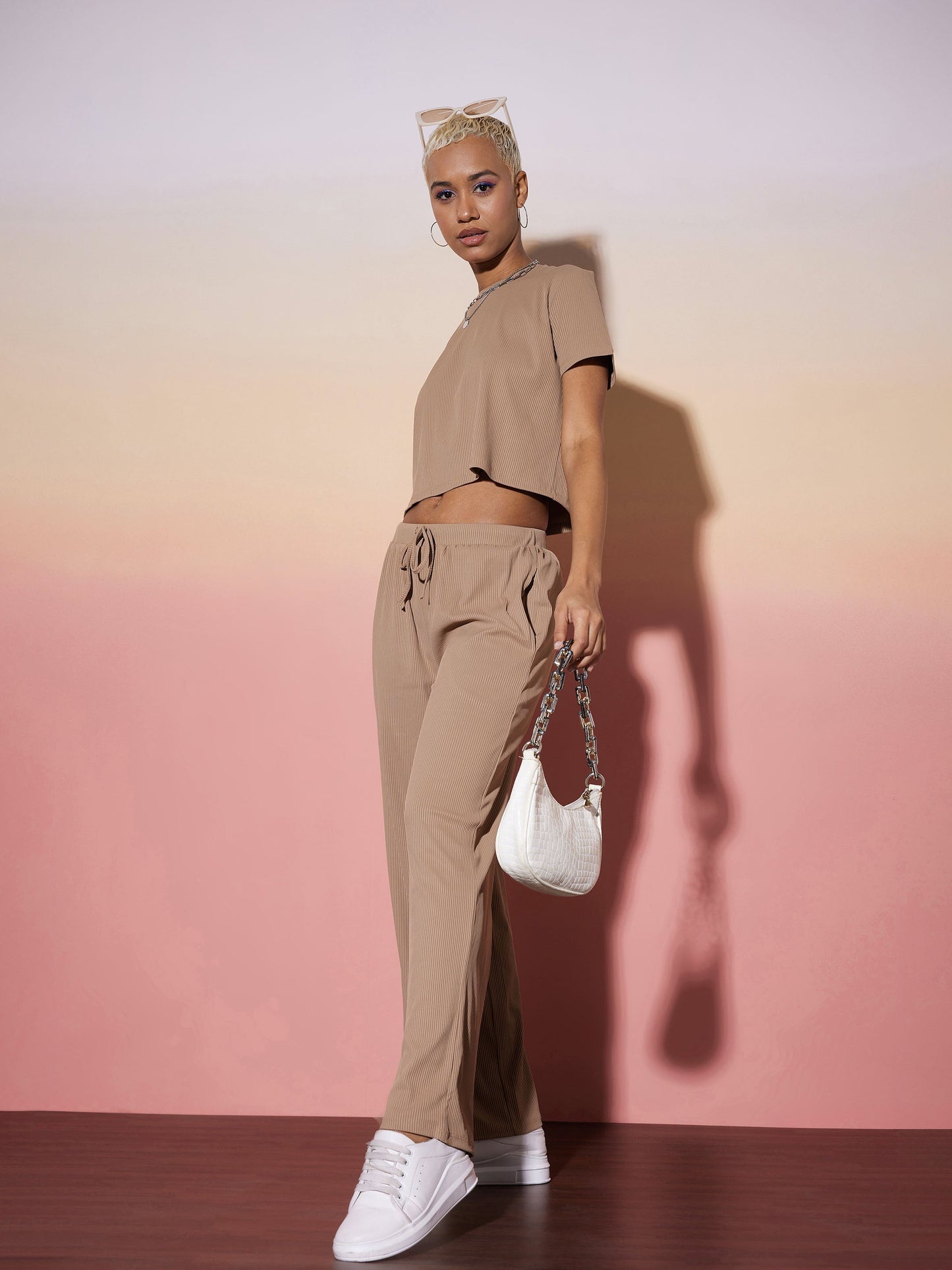 Beige Rib Crop Top With Straight Pants