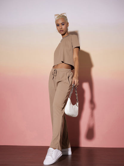 Beige Rib Crop Top With Straight Pants