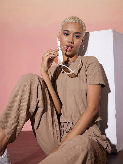 Beige Rib Crop Top With Straight Pants