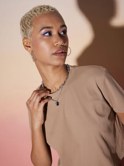 Beige Rib Crop Top With Straight Pants