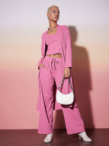 Pink Rib Strappy Top With Pants & Shrug