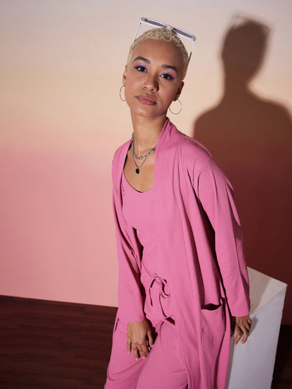 Pink Rib Strappy Top With Pants & Shrug