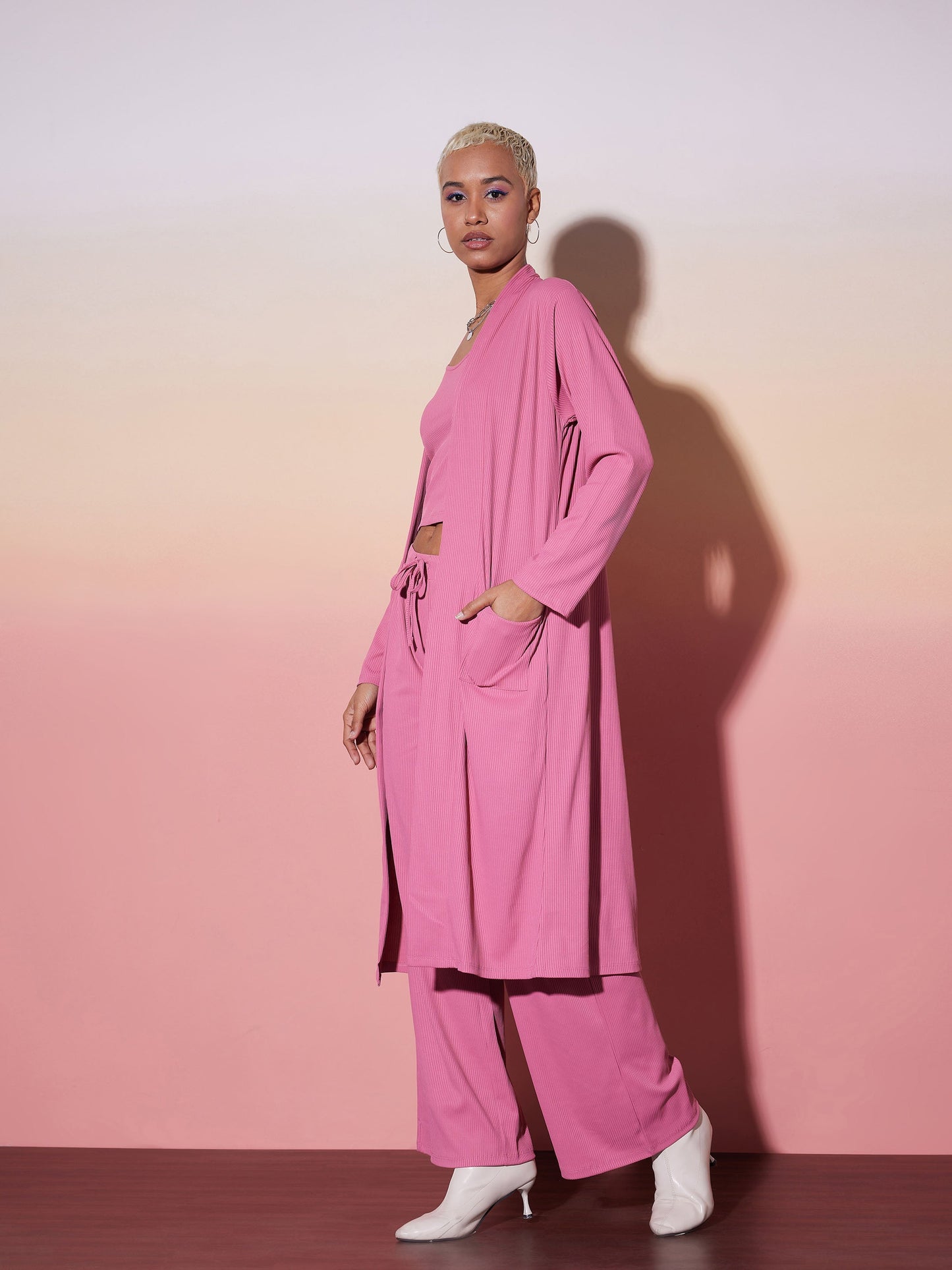 Pink Rib Strappy Top With Pants & Shrug
