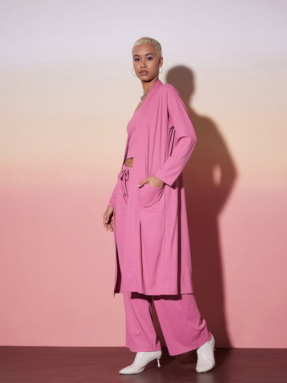 Pink Rib Strappy Top With Pants & Shrug