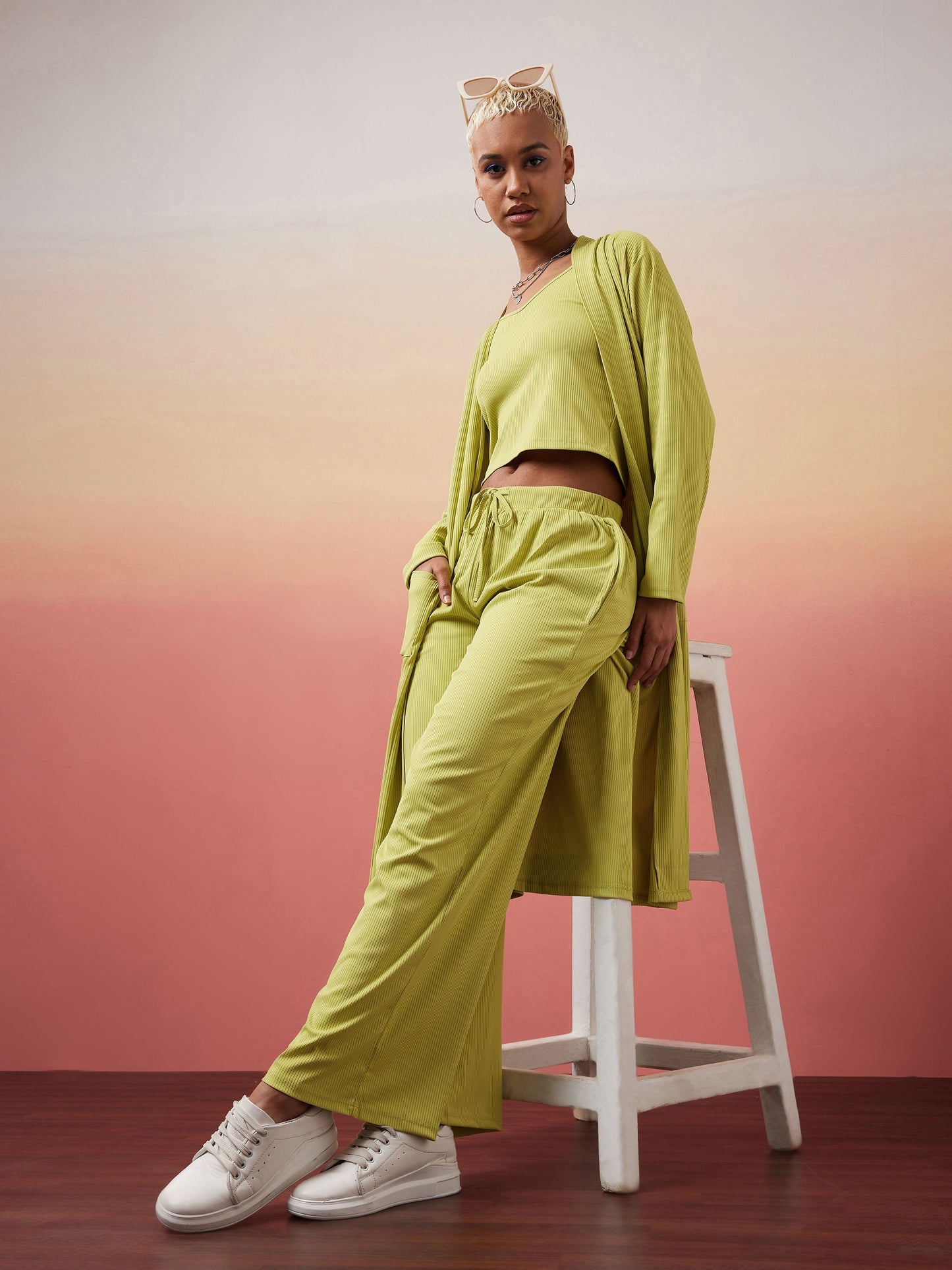 Green Rib Strappy Top With Pants & Shrug