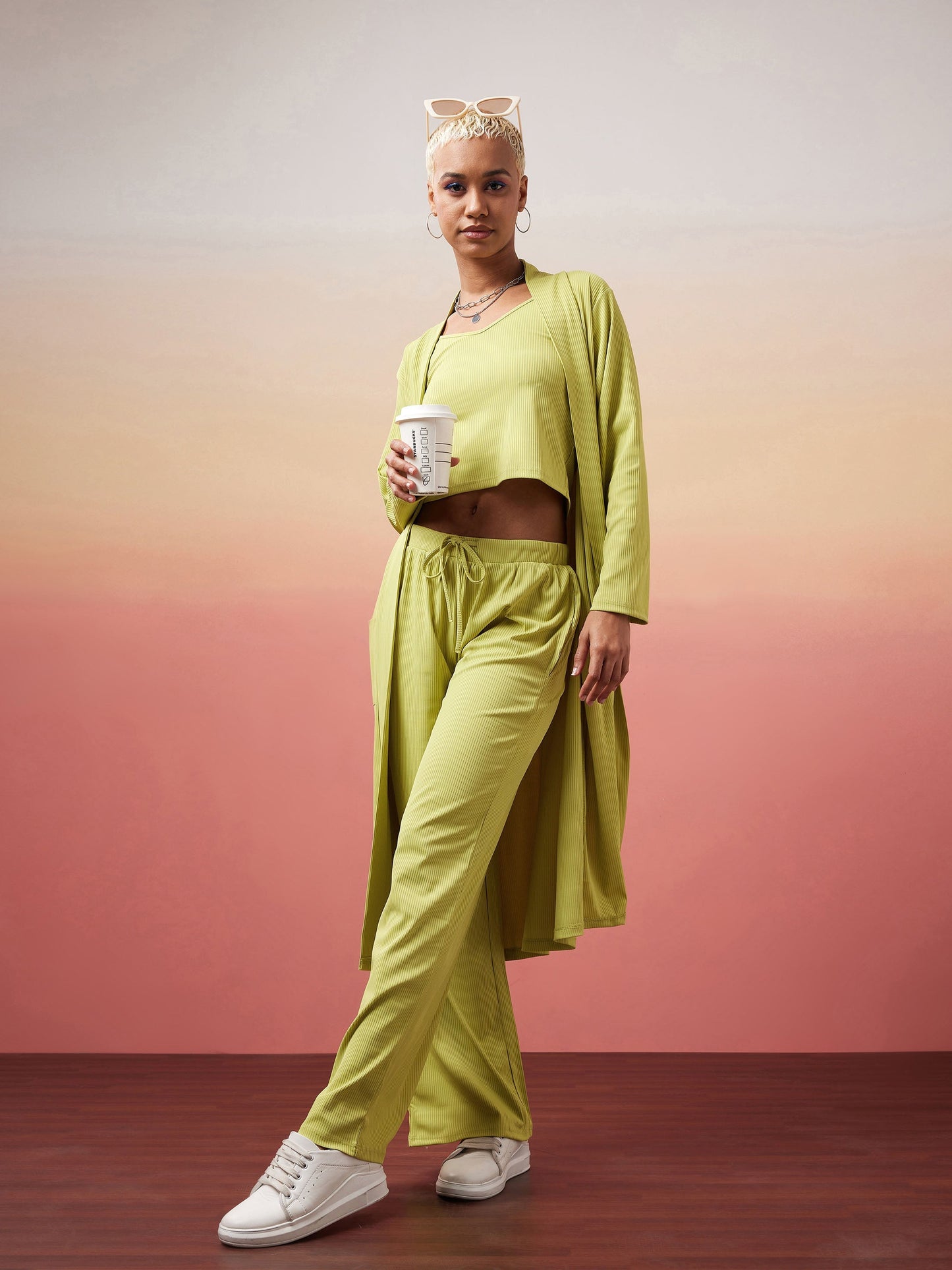 Green Rib Strappy Top With Pants & Shrug