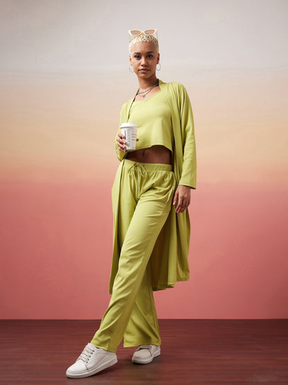 Green Rib Strappy Top With Pants & Shrug