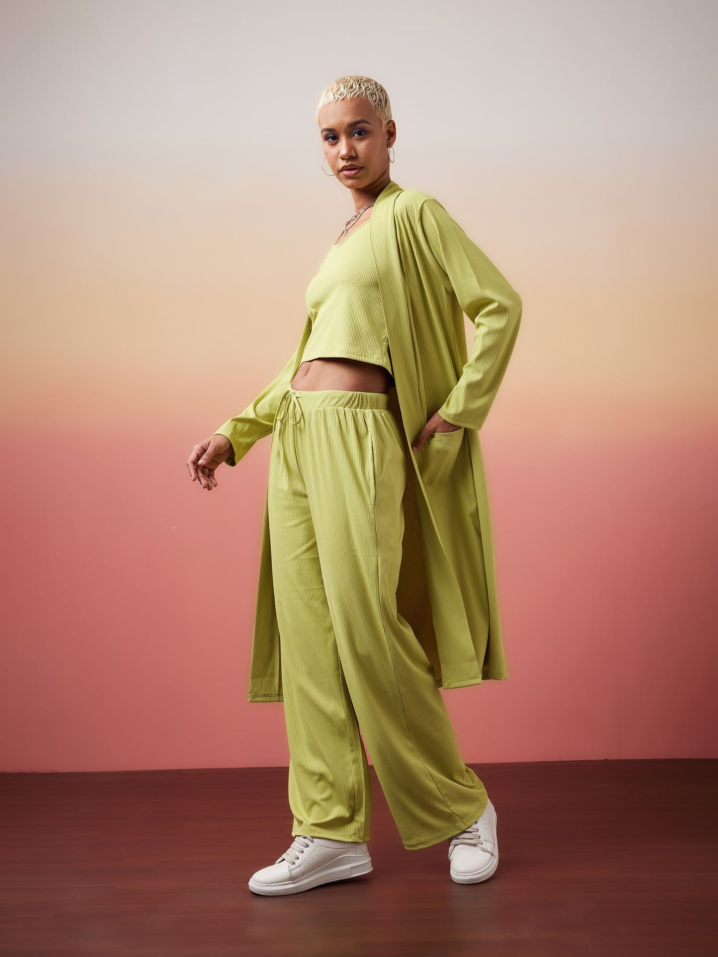 Green Rib Strappy Top With Pants & Shrug